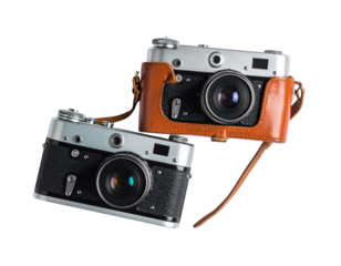 Two Variations of Retro Teal and Orange Film Cameras – isolated on transparent background