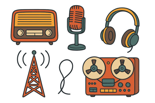 Vintage radio equipment set. Retro broadcast media icons. Flat vector illustration of microphone, headphones, tape recorder, radio tower. Podcast, music and audio concept.