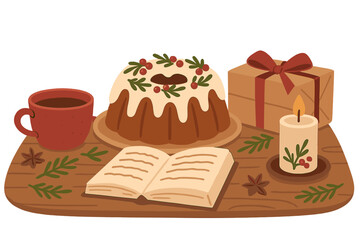 Cozy Christmas concept with homemade cake, hot drink, gift, and book. Winter holiday table flat vector illustration. Homely New Year celebration scene with candle and dessert.