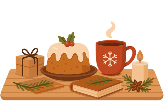 Winter homely concept with Christmas pudding, hot tea, and gift. Xmas celebration flat vector illustration. Cozy holiday table with book, candle, and festive decoration.