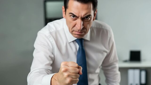 Businessman expressing frustration with clenched fist in office setting  