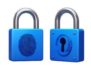 Dual 3D Blue Padlocks with Fingerprint Security Design, isolated on transparent background