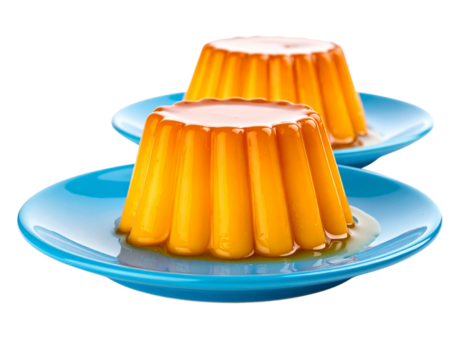 Assorted Orange Flan Puddings on Blue Ceramic Plates – isolated on transparent background - Powered by Adobe