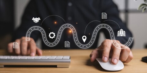 Digital Roadmap: A close-up view of hands navigating a digital roadmap, symbolizing strategic planning, journey, and project development. 