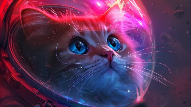Cute ginger cat kitten in astronaut helmet looking up in space adventure with neon light around, science fiction animation