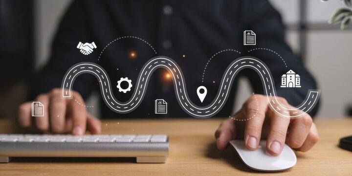 Digital Roadmap: A close-up view of hands navigating a digital roadmap, symbolizing strategic planning, journey, and project development. 