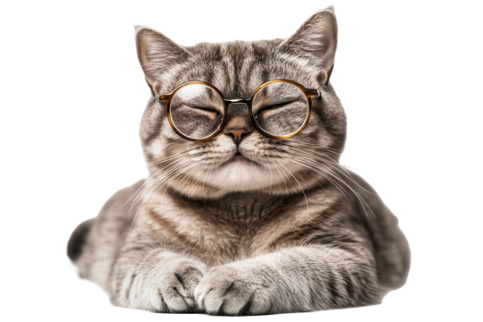 Laughing British Shorthair cat resting comfortably with round glasses in a cozy indoor setting, showcasing a charming expression in warm lighting