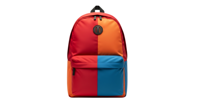 Color blocked backpack, with red orange and blue panels and a circular emblem, isolated on white or transparent background, AI