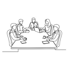 Continuous line drawing of business meeting showing colleagues in discussion around conference table. Continuous line drawing illustrates teamwork, cooperation, and collaboration in progress.