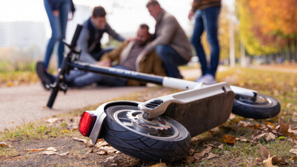 Fototapeta premium Electric scooter accident, road incident expression, safety concern, outdoor fall, urban environment, supportive assistance, autumn leaves, park setting, transport mishap, pedestrian path
