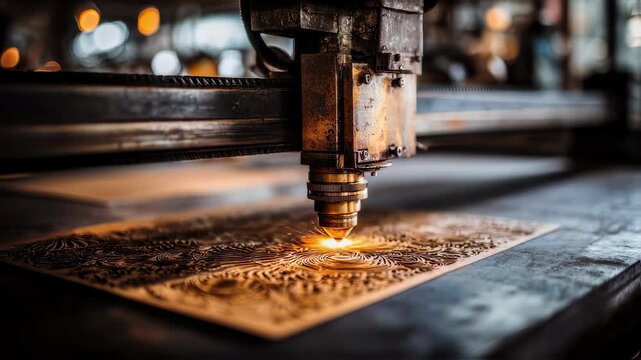 Focused view of a laser cutter intricately cutting detailed patterns on paper with the intense beam crisply visible while the surroundings remain out of focus.