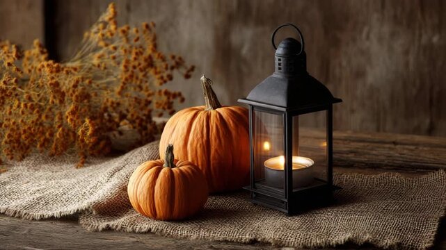 warm autumn atmosphere surrounds pumpkins and lantern on rustic table. Cozy moment captures essence of fall harvest season and seasonal decor with natural elements blending together.