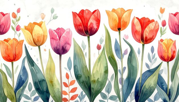 Watercolor tulips and flowers border - Powered by Adobe