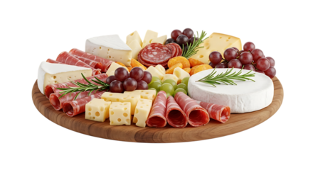 Wooden board, with assorted cheeses cured meats and grapes garnished with rosemary sprigs, isolated on white or transparent background, AI