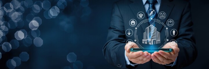 Digital Business Vision: A suited professional showcases a holographic interface, illustrating advanced digital business solutions, a concept in a futuristic setting.