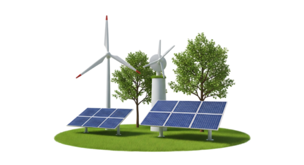 Two wind turbines and solar panels, on a grassy island with trees, isolated on white or transparent background, AI