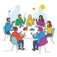 Around table sits diverse group having meal, depicting inclusive dining with assorted foods. Diverse group gathered is enjoying shared meal and stimulating conversation. Image serves as symbol,