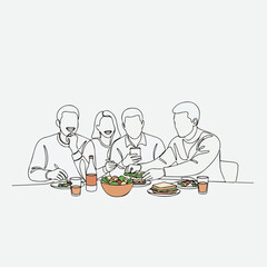 Team lunch line art features group of friends having food together at table, team lunch setup with salad and sandwiches in minimalist design. Enjoy team lunch with colleagues.
