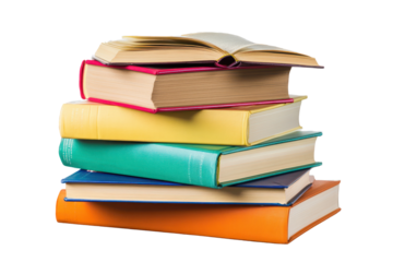 Colorful stacks of books arranged neatly on a wooden table inviting readers to explore new ideas and stories