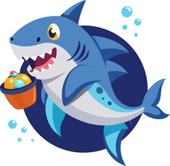  Shark holding candy bucket swimming in dark sea, vector icon, white background