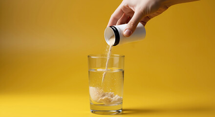 Hand pouring nutritional supplement powder into glass of water. Preparing healthy protein or collagen drink on yellow background with copy space