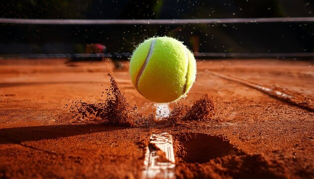freeze motion detail shot of tennis ball hitting a clay court