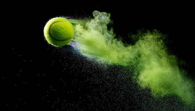 freeze motion shot of flying tenis ball containing light green powder