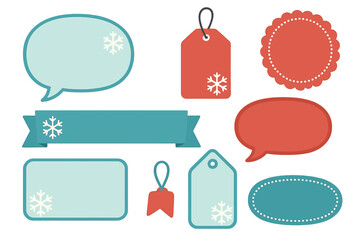Winter speech bubbles, tags, labels, and stickers set with snowflake decorations for Christmas promotions and seasonal graphic compositions, perfect for festive text designs