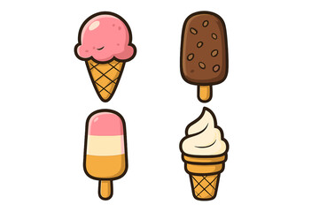 Watermelon ice cream icon set, flat style vector cartoon illustration, summer frozen dessert collection with transparent background, colorful popsicle and cone illustrations for desserts and sweets