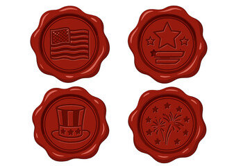 American Independence Day 4th of July Wax Seal Set Vector Illustration with Stars, Flag, Uncle Sam Hat, and Fireworks Design in Red Vintage Style