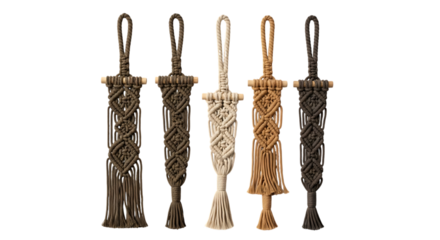 Five macrame wall hangings, with wooden dowels and tasseled ends in various earthy tones, isolated on white or transparent background, AI