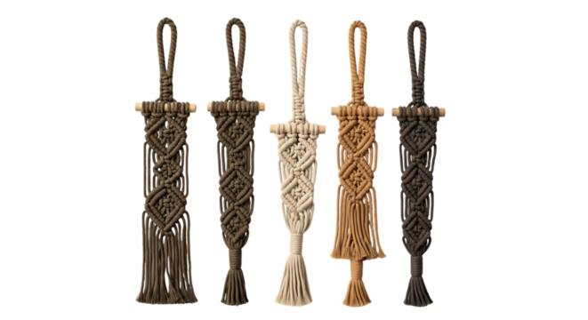 Five macrame wall hangings, with wooden dowels and tasseled ends in various earthy tones, isolated on white or transparent background, AI