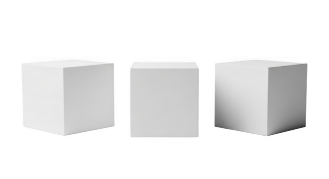 Three gray cubes in a row isolated on transparent background, 3d geometric shapes rendering