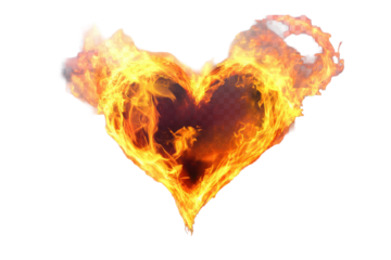 Flaming heart symbol displaying vibrant fire flames design on a transparent backdrop, conveying passion and intensity in a striking visual representation