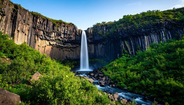 Waterfall cascading down basalt cliffs
