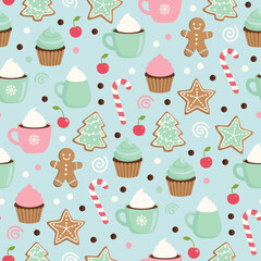 Christmas Pattern Vector. Seamless Bakery Christmas Pattern with Cookies, Cupcakes, Candy Canes, and Hot Chocolate Sweet Holiday Seamless Pattern Background.
