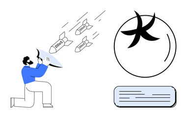 Man defends against incoming labeled cyber threats using a shield, safeguarding digital information. Ideal for cybersecurity, online protection, internet safety, threat prevention, data security, IT