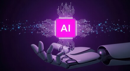 Artificial intelligence chip held by a robot hand with circuits