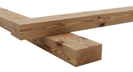Two wooden beams, joined at a right angle with visible wood grain and knots, isolated on white or transparent background, AI