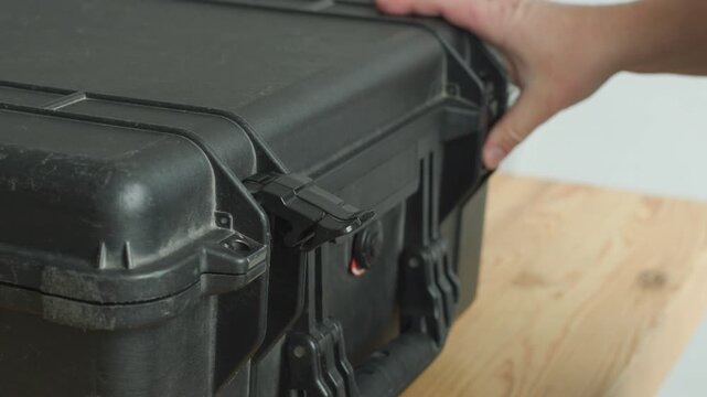 Closing latches on rugged hard case with yellow padded dividers