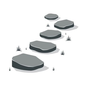 Isolated stepping stones path with green grass, illustration of outdoor walkway design. Isolated stepping stones, elements in perspective with gray shadows and details.