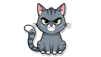 Vector art of an angry cartoon cat with grey fur and black stripes, sitting and looking grumpy