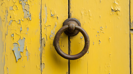 A rustic yellow door with chipped paint and an old, weathered iron ring pull, showcasing age and character.