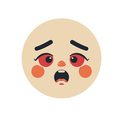 Fototapeta premium Sick emoji face showing red eyes and open mouth on white background. Sick emoji displays symptoms of illness with flushed cheeks, indicating discomfort and distress.