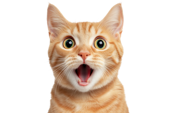 Surprised ginger cat showing shock with wide eyes and opened mouth while isolated on the beach during daylight hours