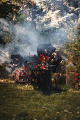 Gothic Outdoor Tea Party with Black Roses and Skull