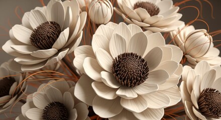 Closeup of delicate white sola wood flowers with brown centers