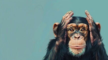 illustration, Monkey Day, funny chimpanzee, blue background, vintage postcard, horizontal banner, copy space, free space for text