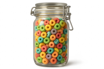 Colorful breakfast cereal loops in glass jar