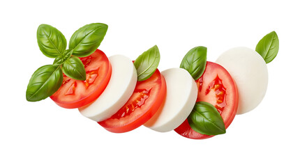 Sliced ripe tomatoes fresh mozzarella cheese and green basil leaves, arranged in a curve, isolated on white or transparent background, AI